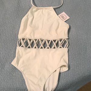 Solid and striped brand swimsuit